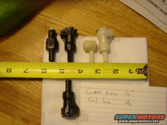 dsc01935.jpg Plastic BMW Fuel Line Quick Disconnects

Fuel lines: CPC black plastic with Viton o-rings, Stock BMW.  Lost one female QD fitting for photo.  5/16" hose ID barb outlet.

Fuel Cross Over for R1150GS Adventure: CPC white plastic with Viton o-rings, stock BMW.  Note broken inlet/outlet.  1/4" hose ID barb outlet.

Saved for emergency use.