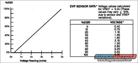 evpgraph.jpg EVP Output Graph

Voltage is measured from the Br/LG wire (EVP) to Gy/R (SigRet) with the key in RUN and the sensor connected normally.  Check Br/Wh (VRef) to Gy/R for 5VDC.  Use a handheld vacuum pump (e.g. MityVac) to operate the EGR valve.

[url=http://www.supermotors.net/registry/media/1077817][img]http://www.supermotors.net/getfile/1077817/thumbnail/rs22172dmm.jpg[/img][/url]

Before buying cheap aftermarket parts, check for [url=http://owner.ford.com/servlet/ContentServer?pagename=Owner/Page/ServiceCouponsPage]coupons & service offers from Ford[/url].

See also:
[url=http://www.supermotors.net/registry/media/826382][img]http://www.supermotors.net/getfile/826382/thumbnail/egrtubesv8.jpg[/img][/url] . [url=http://www.supermotors.net/registry/media/148977][img]http://www.supermotors.net/getfile/148977/thumbnail/5.8l-right.jpg[/img][/url]