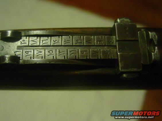 Close-up of a gun's rear sight with Arabic numerals and markings