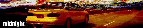 car driving at night with light streaks overhead and the word 'midnight' on the left