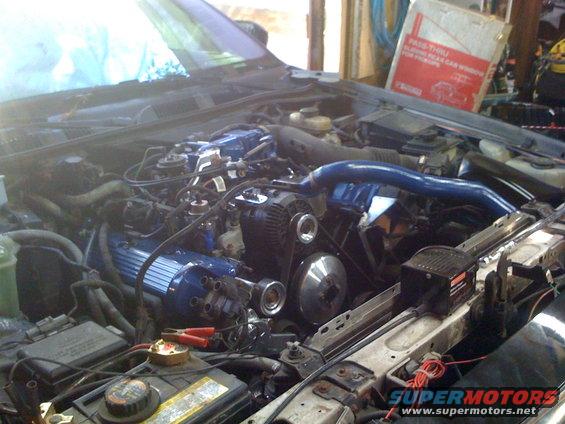Engine bay with blue painted intake manifold and valve covers, showing alternator and battery