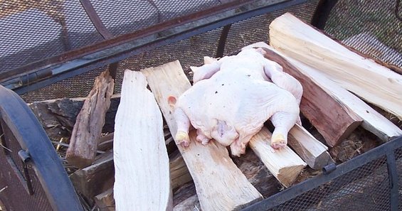 uncooked chicken and firewood in a metal grate