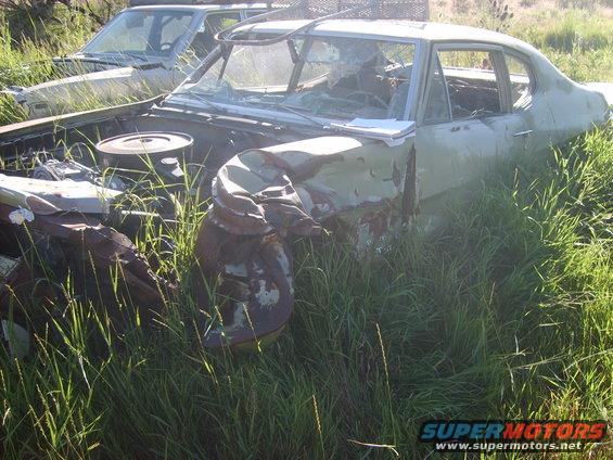 1971 Pontiac Lemans coupe, front end damaged, parked in tall grass next to another vehicle