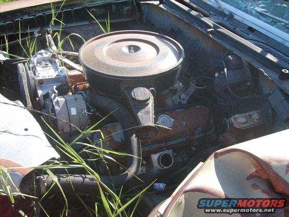 Engine bay of a rusty car with an air cleaner and alternator visible, overgrown with grass