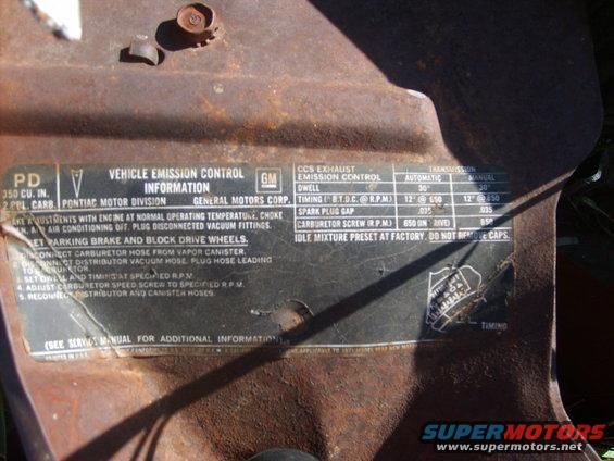 1971 Pontiac emission control label with 350 cu. in. engine details