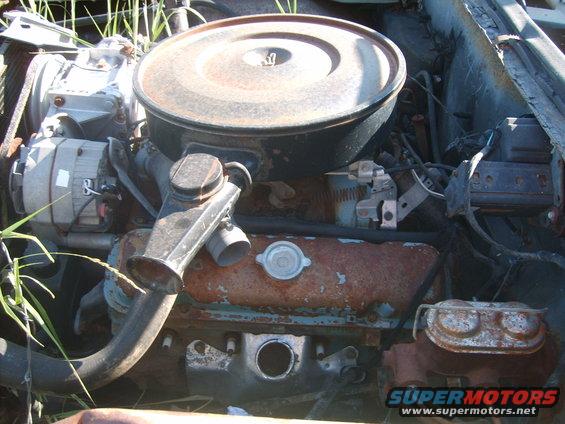 V8 engine bay with air cleaner, alternator, and rusted valve covers. Overgrown weeds are visible