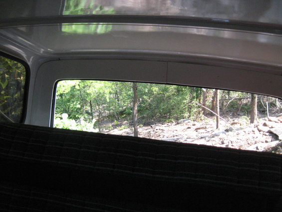 Interior of a vehicle with a dark upholstered seat in the foreground, looking out a window at a sunlit forest