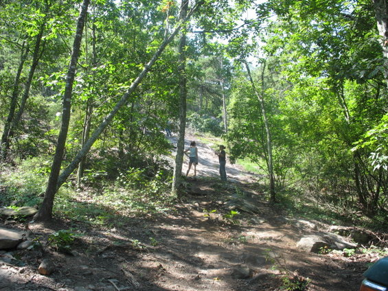 Two people stand on a rocky, wooded trail with trees and foliage
