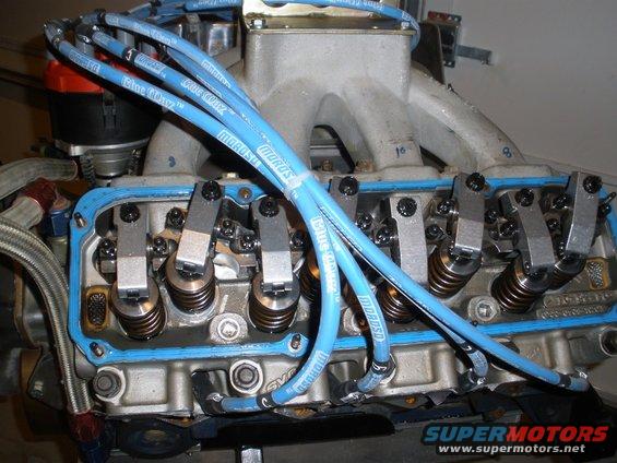 Engine valve train with blue Moroso spark plug wires and blue gasket