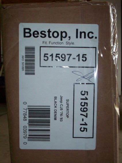 Box with Bestop, Inc. label showing part number 51597-15 and "Jeep CJ5 '76-'83 BLACK DENIM SUPERTOP"