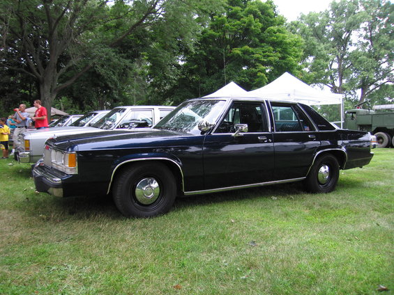 Dark blue sedan parked on grass, side view. Chrome trim, hubcaps, and tinted windows are visible