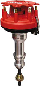 Red and silver ignition distributor with a gear. Text on part reads 'MSD 8360'