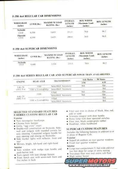 Document page with tables of F-350 dimensions and features