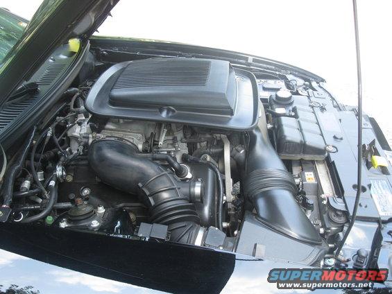 2003 Ford Mustang engine bay with V8 engine and air intake system visible