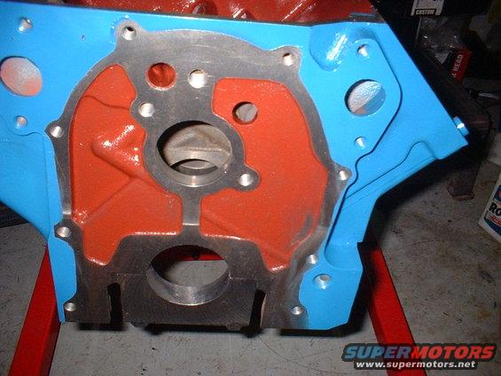 Blue and orange engine block on red stand