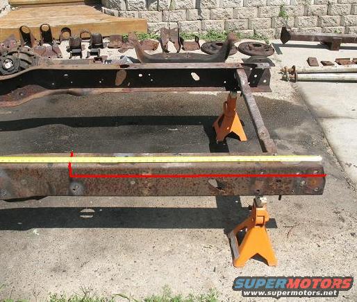 Rusted vehicle frame on jack stands with measuring tape and red line indicating length