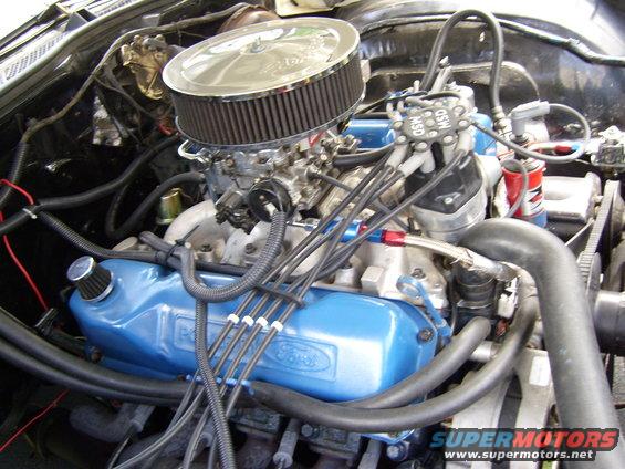 Ford V8 engine bay showing blue valve covers with Ford logo, chrome air cleaner, and MSD distributor