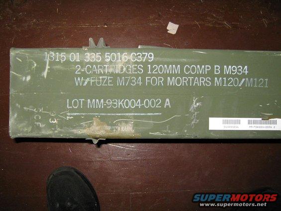 Green metal box with text: 1315 01 335 5016-C379, 2-CARTRIDGES 120MM COMP B M934 W/FUZE M734 FOR MORTARS M120/M121, LOT MM-93K004-002 A