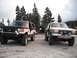 1991 Ford Bronco - Two modified Ford Broncos are parked side-by-side on a rocky terrain, with a forest visible behind them.