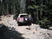 1991 Ford Bronco - A red and white Ford Bronco navigates a rocky trail, with another SUV visible behind it.