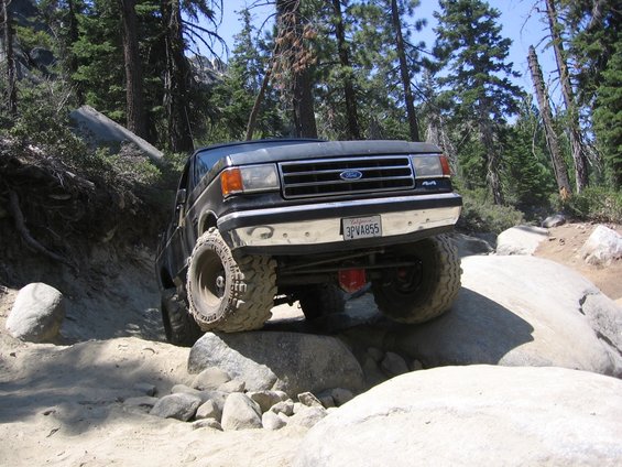 1989 Ford Bronco front view on rocky terrain