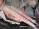 1991 Ford Bronco - The undercarriage of a vehicle reveals heavily used suspension parts with chipped red paint and accumulated grime.