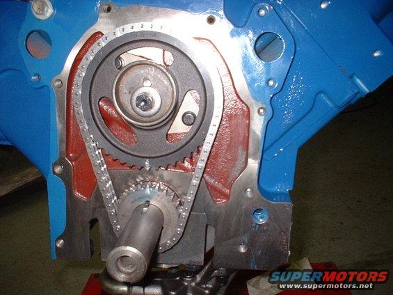Engine timing chain and gears on blue block