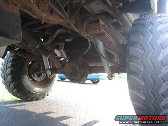 Undercarriage view of a vehicle's rear axle and large tire