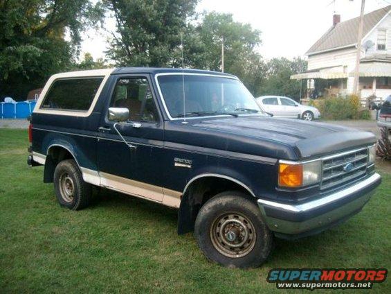 Dark blue Ford Bronco with a tan stripe and white top, parked on grass in front of a house