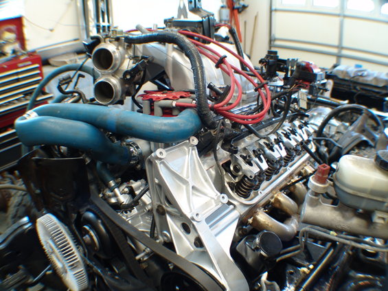 Ford V8 engine with blue intake tubes and red spark plug wires