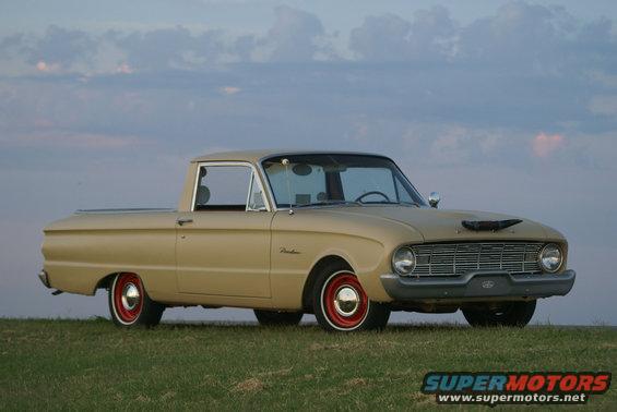 Tan 1960 Ford Ranchero pickup truck with red wheels, viewed from a 3/4 front angle