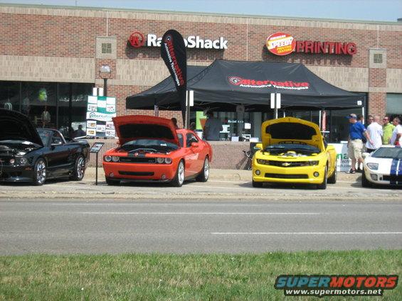 Several cars including a black Mustang, orange Challenger, yellow Camaro, and white Ford GT parked outside businesses