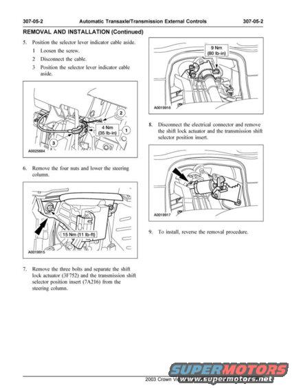 Diagrams showing removal and installation of automatic transaxle/transmission external controls, with torque specifications