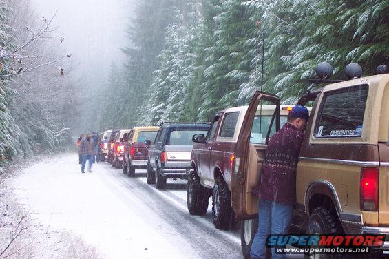 dcp_0197.jpg The 2-Big Broncos 4x4 Club, NW Chapter, all lined up.  All together there were 12 rigs.  We stopped to lock the hubs before continuing up into deeper snow.  I'm right behind Ken (the brown Bronco in the foreground) and there are 3 more behind me.