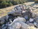 1984 Ford Bronco II - Modified pickup truck with custom roll cage and oversized tires is shown crawling over large rocks.