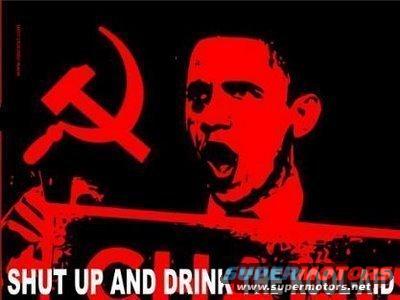 Red graphic of a man with mouth open, next to hammer and sickle symbol. Text says 'SHUT UP AND DRINK'