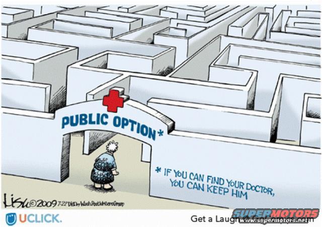 Cartoon maze labeled "PUBLIC OPTION" with a person entering