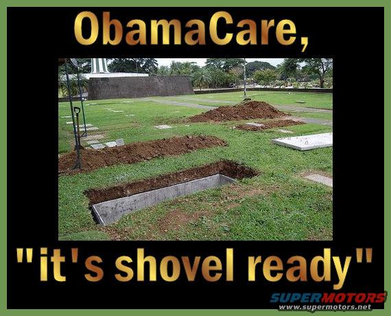 Graveyard with open graves and text 'ObamaCare, "it's shovel ready"'