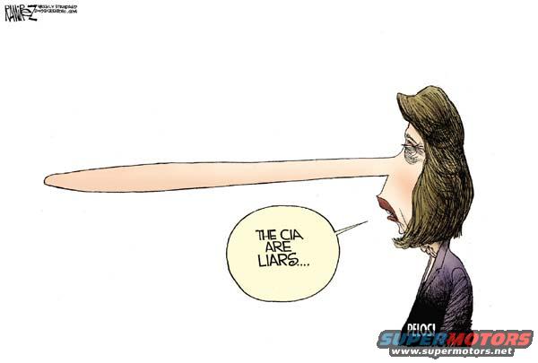 Cartoon of a woman with a long nose saying 'The CIA are liars'