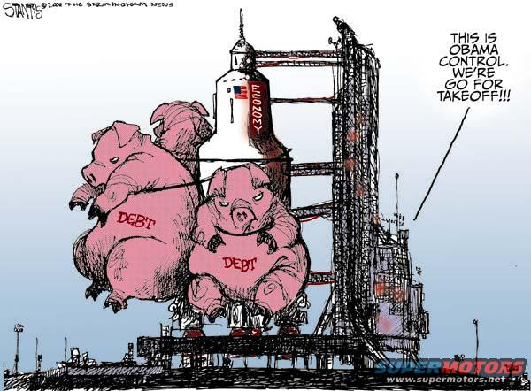 Cartoon pigs labeled 'DEBT' on a rocket launchpad