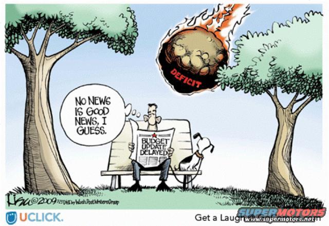 Cartoon: man reads 'Budget Update Delayed' newspaper as meteor labeled 'deficit' falls
