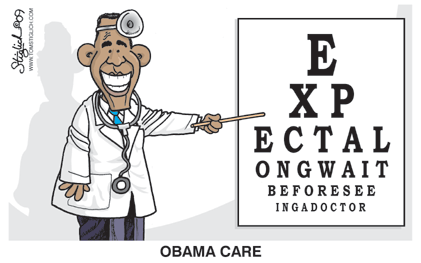 Cartoon doctor in a white coat and stethoscope points to an eye chart with letters E, X, P, E, C, T, A, L, G, R, O, W, A, L, T, B, U, T, T, E, R, S, C, O, T, C, H