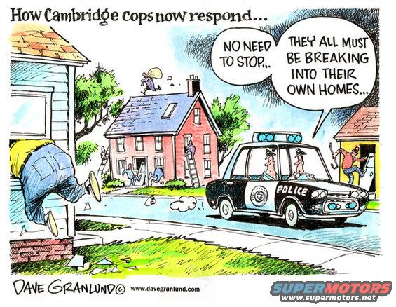 Cartoon showing a police car and people breaking into houses