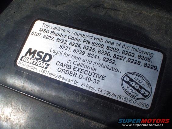 MSD Ignition label detailing Blaster Coils and CARB Executive Order D-40-37, legal for sale in California