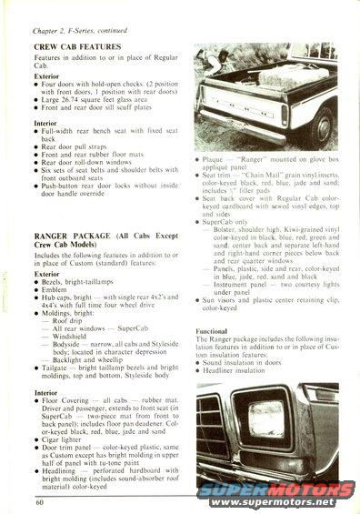 Page from a manual detailing F-Series Crew Cab and Ranger Package features, with photos of a truck bed and front grille