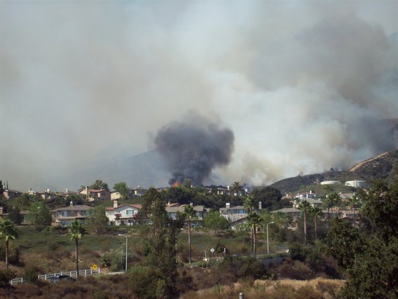 Smoke billows from a hillside wildfire encroaching on a suburban neighborhood with houses and palm trees