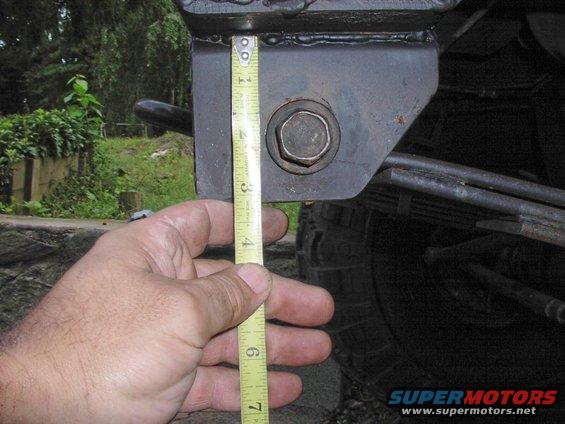 Hand measuring a black metal bracket on a vehicle's suspension with leaf springs visible