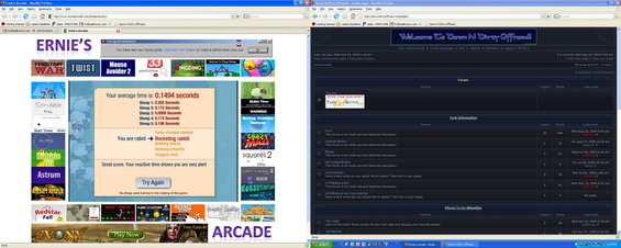 Computer screen displaying two websites, one with games and the other a forum