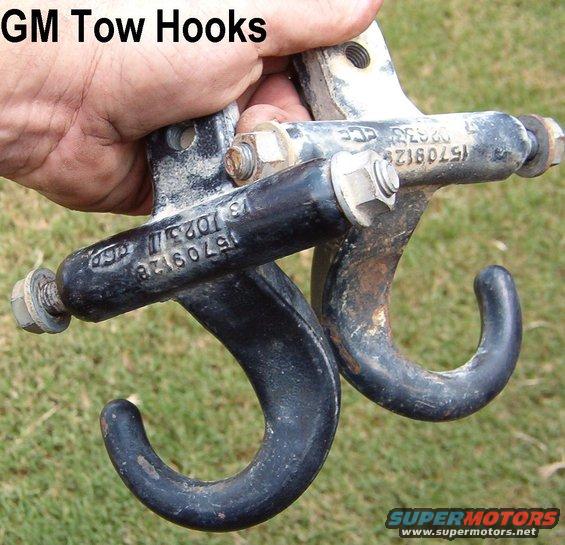 towhooksgm2.jpg GM Tow Hooks (cast iron) w/all OE fasteners

106mm across (4.17&quot;)  Main bolt slips through straight across; rear bolt is short.