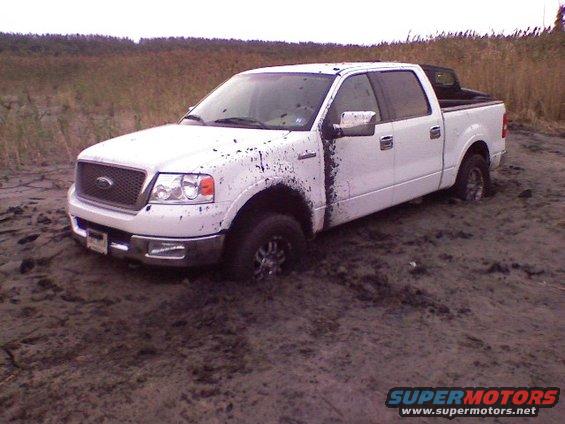White Ford F-150 stuck in mud, front passenger side wheel deep
